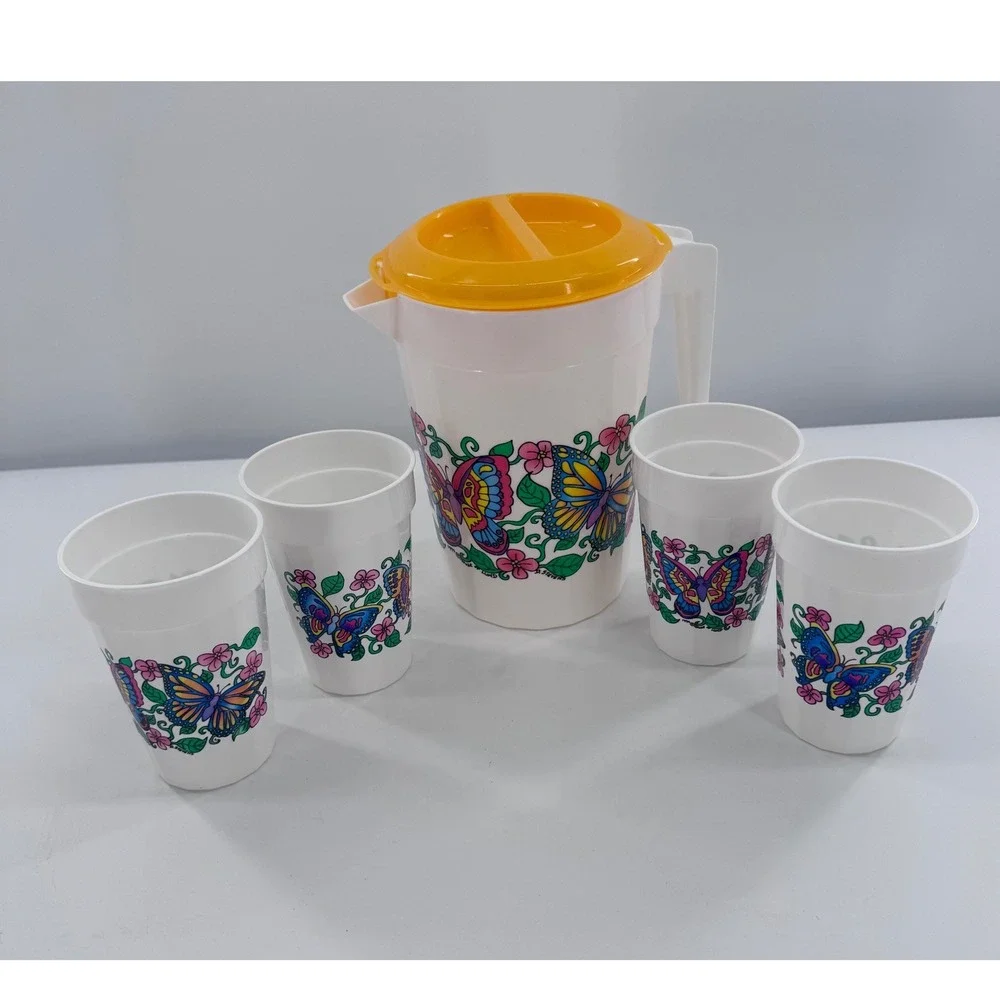 Vintage Butterfly Drink Pitcher Glasses Set White Yellow Floral Retro 5pc Picnic